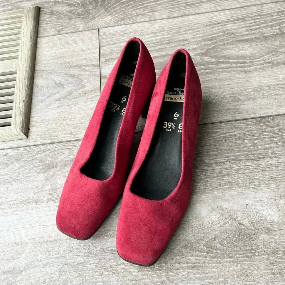 St. Michael Red Faux Suede Square Toe Block Heel Pumps - Picture 3 of 13